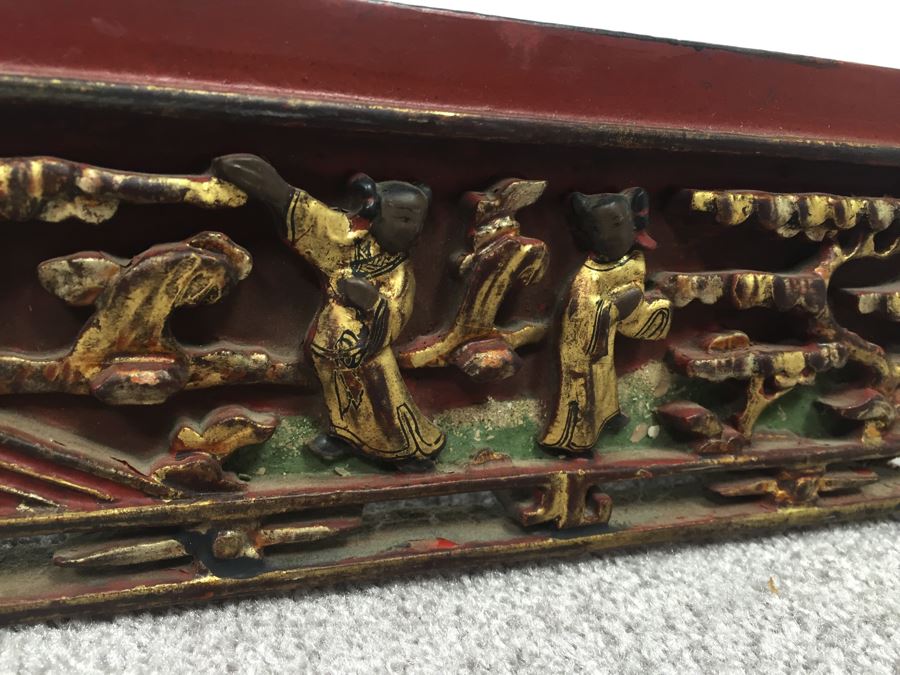 Long Asian Carved Wooden Wall Shelf Red And Black With Gold Accents [Photo 12]