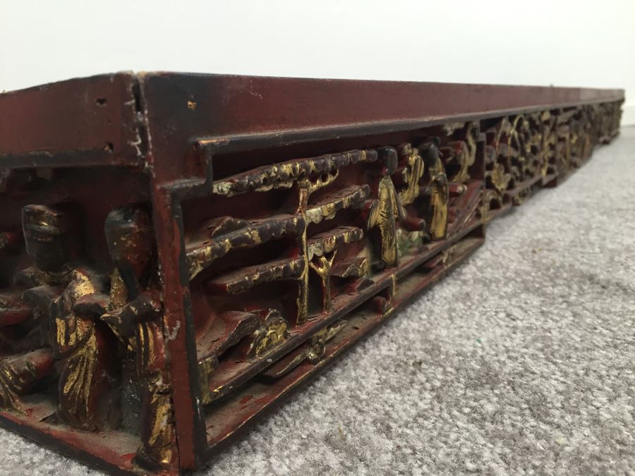 Long Asian Carved Wooden Wall Shelf Red And Black With Gold Accents [Photo 1]