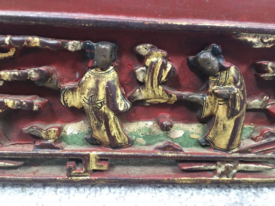 Long Asian Carved Wooden Wall Shelf Red And Black With Gold Accents [Photo 2]