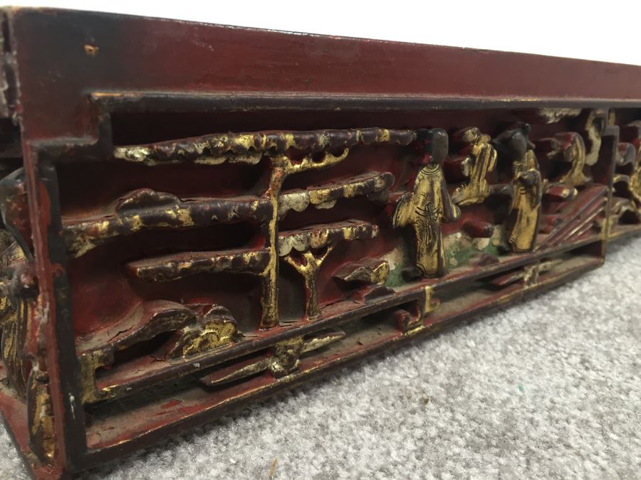 Long Asian Carved Wooden Wall Shelf Red And Black With Gold Accents [Photo 6]