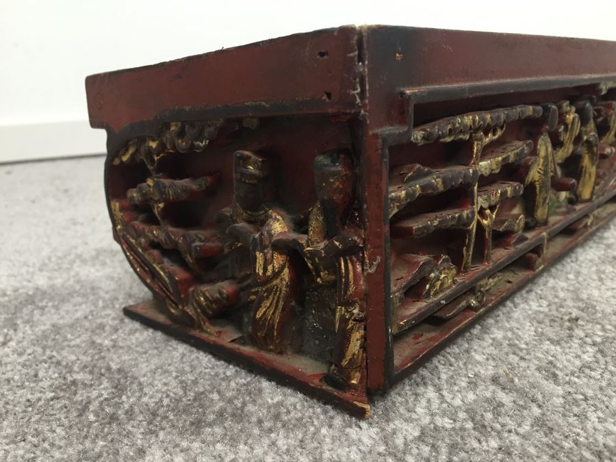 Long Asian Carved Wooden Wall Shelf Red And Black With Gold Accents [Photo 5]