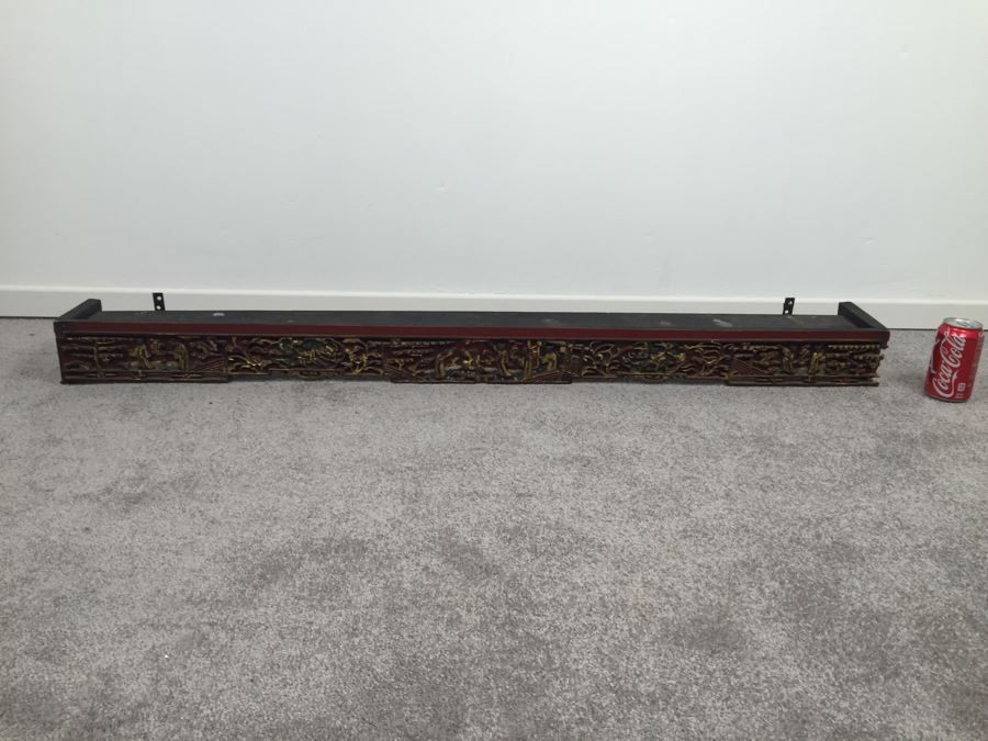 Long Asian Carved Wooden Wall Shelf Red And Black With Gold Accents [Photo 4]