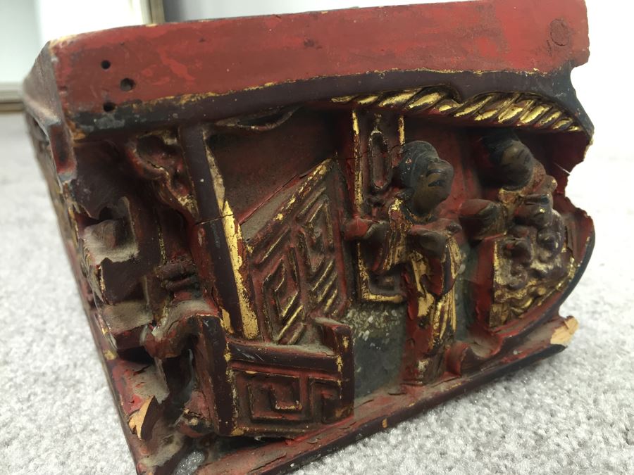 Long Asian Carved Wooden Wall Shelf Red And Black With Gold Accents [Photo 13]