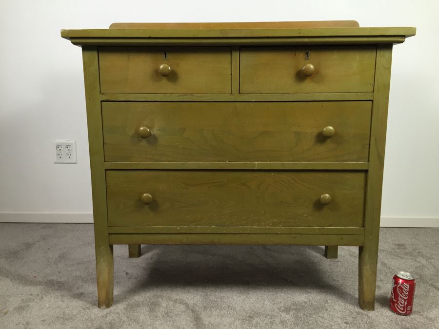 Vintage Wooden Dresser Chest Of Drawers Painted Avocado Green With Some Contents