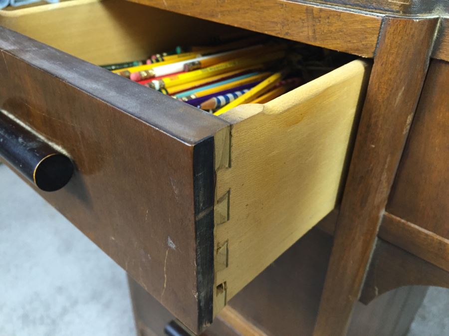 Vintage Art Deco Desk Filled With Vintage Office Supplies And Items [Photo 7]