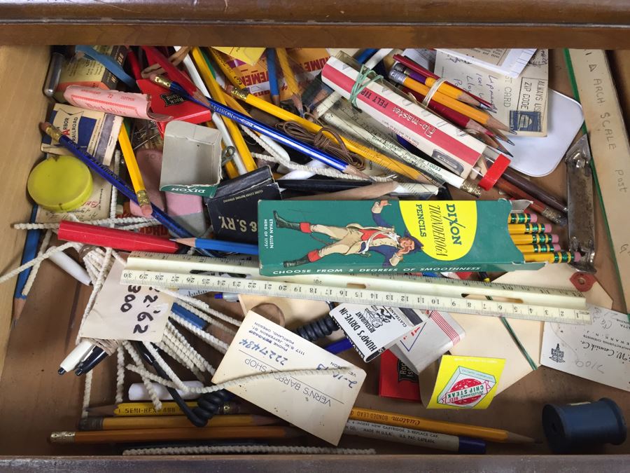 Vintage Art Deco Desk Filled With Vintage Office Supplies And Items [Photo 10]