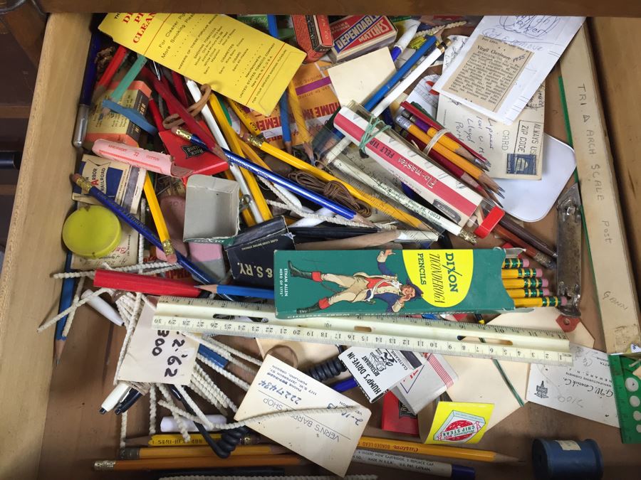 Vintage Art Deco Desk Filled With Vintage Office Supplies And Items [Photo 3]