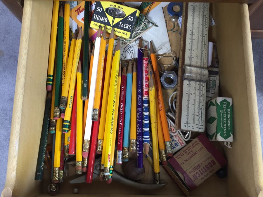 Vintage Art Deco Desk Filled With Vintage Office Supplies And Items [Photo 9]