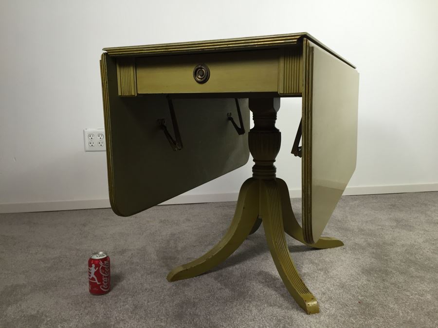 Vintage Drop Leaf Pedestal Table With Drawer Painted Avocado Green [Photo 2]