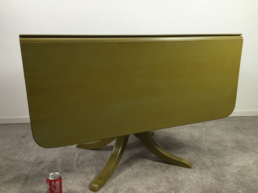 Vintage Drop Leaf Pedestal Table With Drawer Painted Avocado Green [Photo 4]