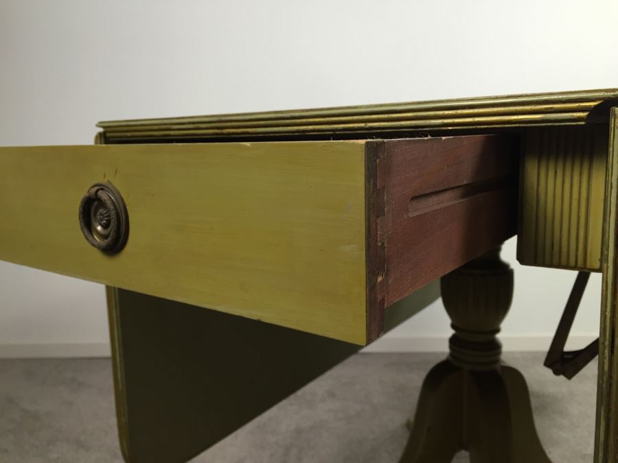 Vintage Drop Leaf Pedestal Table With Drawer Painted Avocado Green [Photo 6]