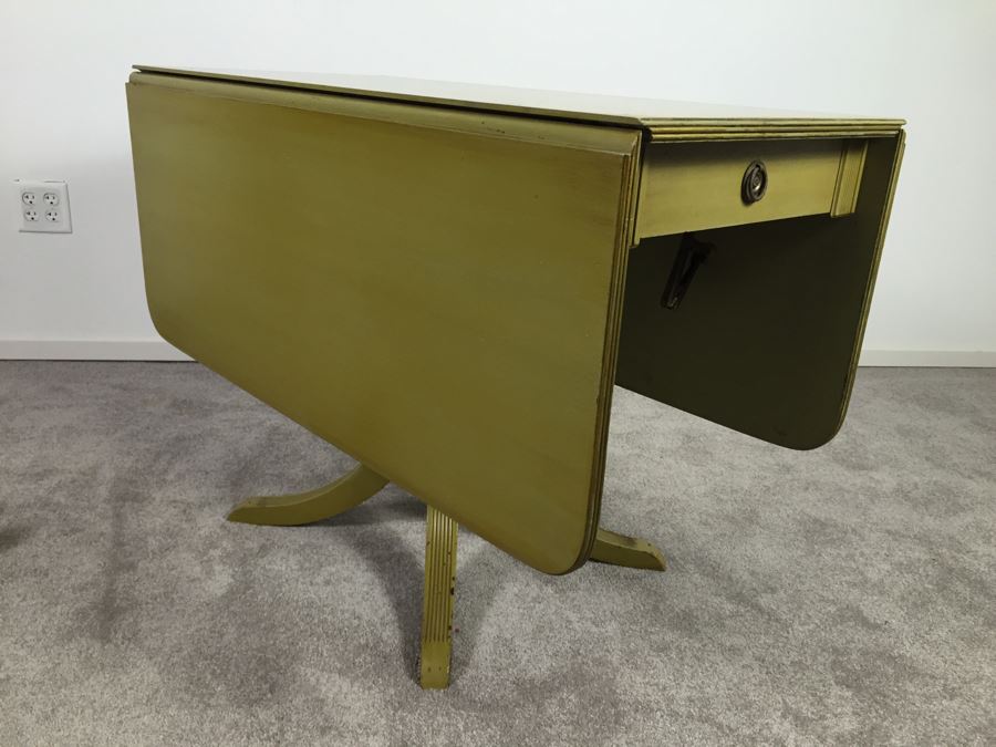 Vintage Drop Leaf Pedestal Table With Drawer Painted Avocado Green [Photo 13]
