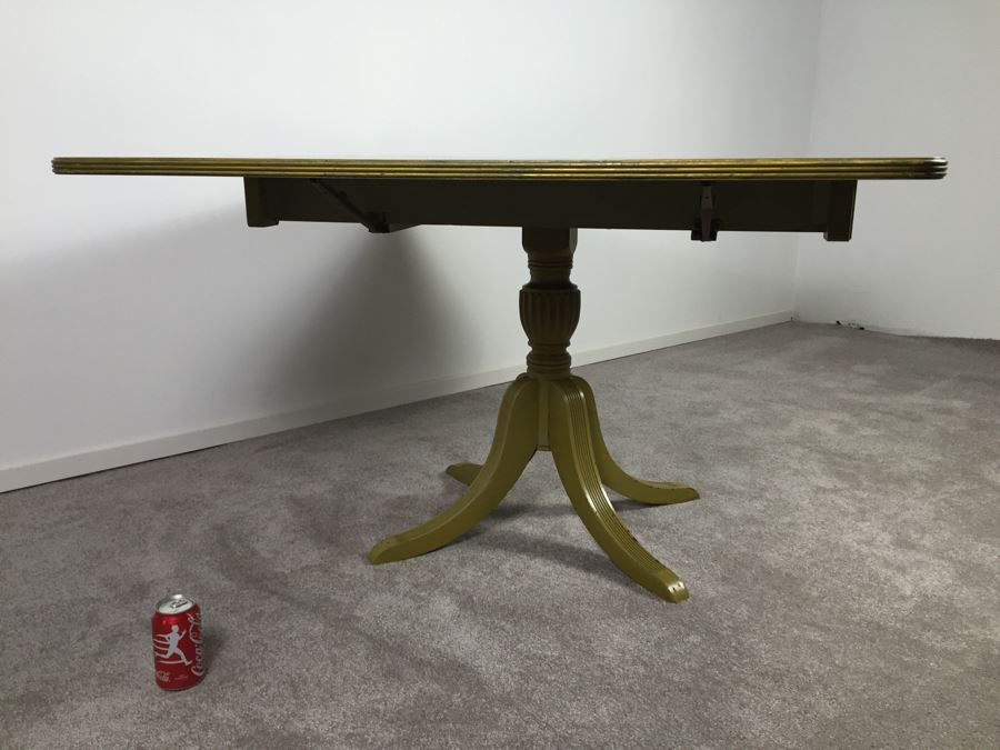 Vintage Drop Leaf Pedestal Table With Drawer Painted Avocado Green [Photo 10]