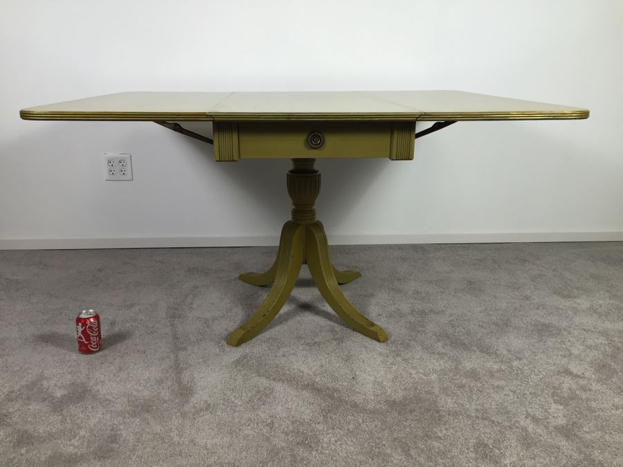 Vintage Drop Leaf Pedestal Table With Drawer Painted Avocado Green [Photo 3]