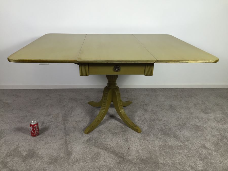 Vintage Drop Leaf Pedestal Table With Drawer Painted Avocado Green [Photo 8]