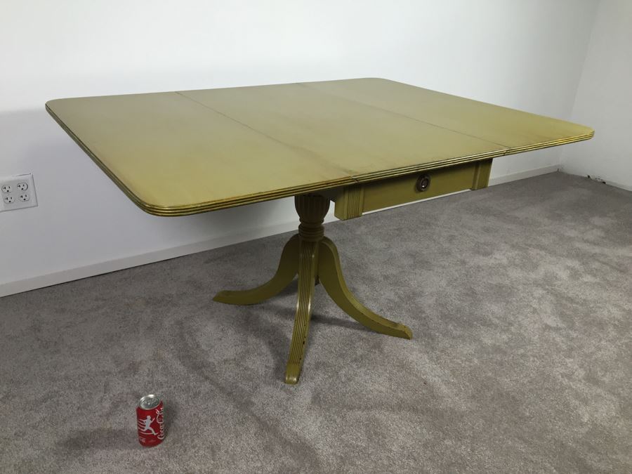 Vintage Drop Leaf Pedestal Table With Drawer Painted Avocado Green [Photo 9]
