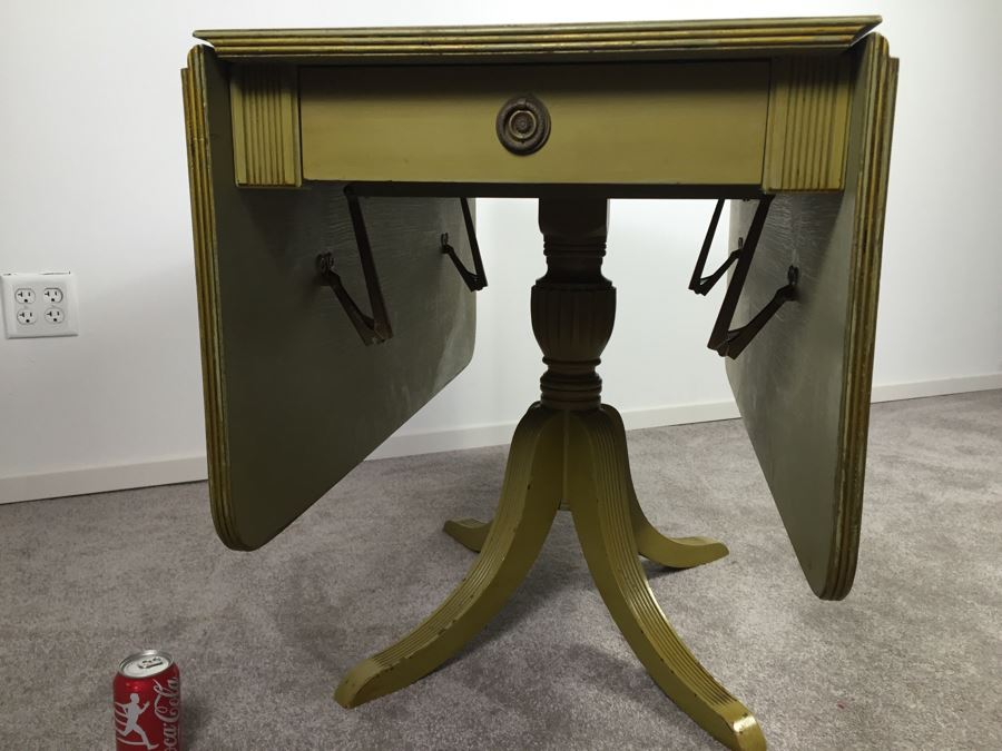 Vintage Drop Leaf Pedestal Table With Drawer Painted Avocado Green [Photo 5]