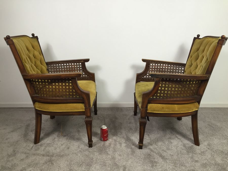 Pair Of Tufted Armchairs With Cane Sides Need Reupholstering [Photo 2]