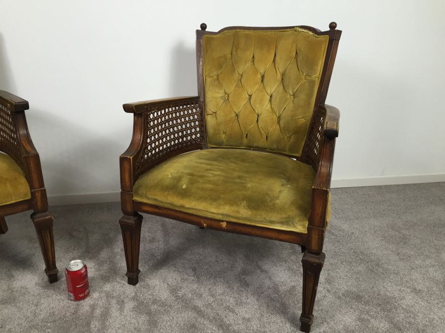 Pair Of Tufted Armchairs With Cane Sides Need Reupholstering [Photo 3]
