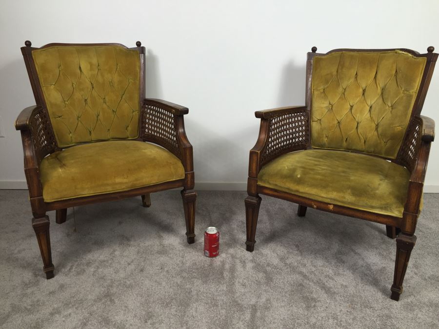 Pair Of Tufted Armchairs With Cane Sides Need Reupholstering