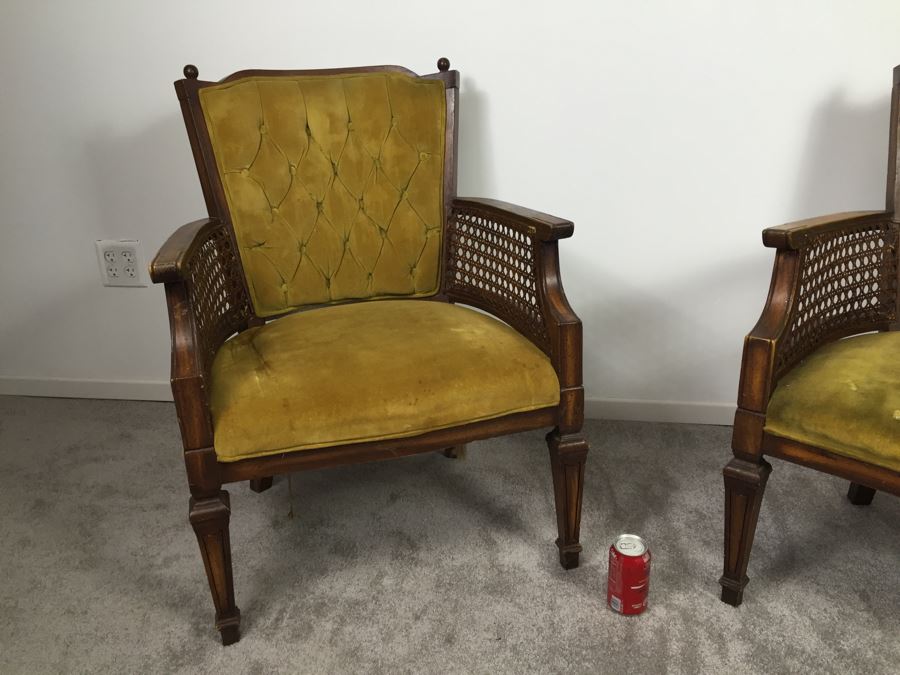 Pair Of Tufted Armchairs With Cane Sides Need Reupholstering [Photo 4]