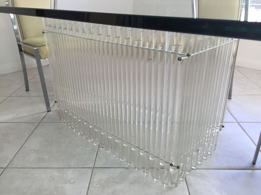Modernist Dining Table With Lucite Base And Four Chrome Chairs Glass Top [Photo 3]