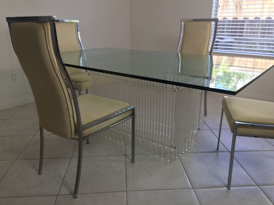 Modernist Dining Table With Lucite Base And Four Chrome Chairs Glass Top