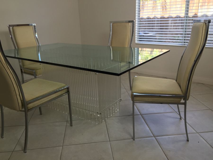 Modernist Dining Table With Lucite Base And Four Chrome Chairs Glass Top [Photo 9]