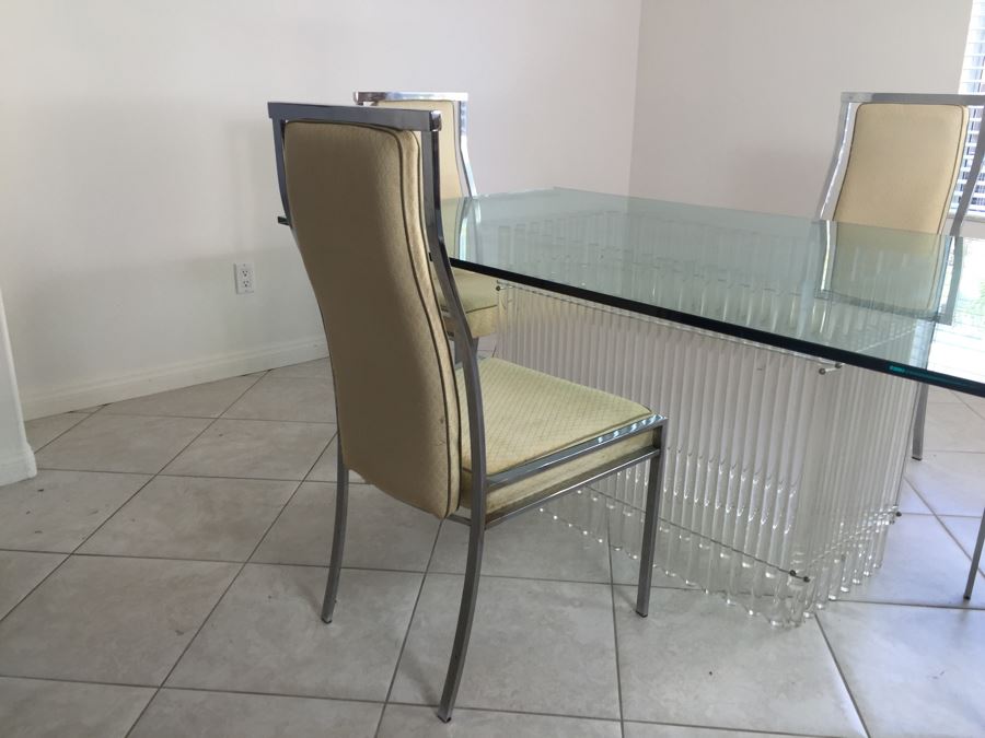 Modernist Dining Table With Lucite Base And Four Chrome Chairs Glass Top [Photo 11]