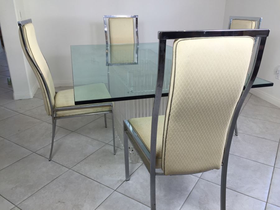 Modernist Dining Table With Lucite Base And Four Chrome Chairs Glass Top [Photo 2]