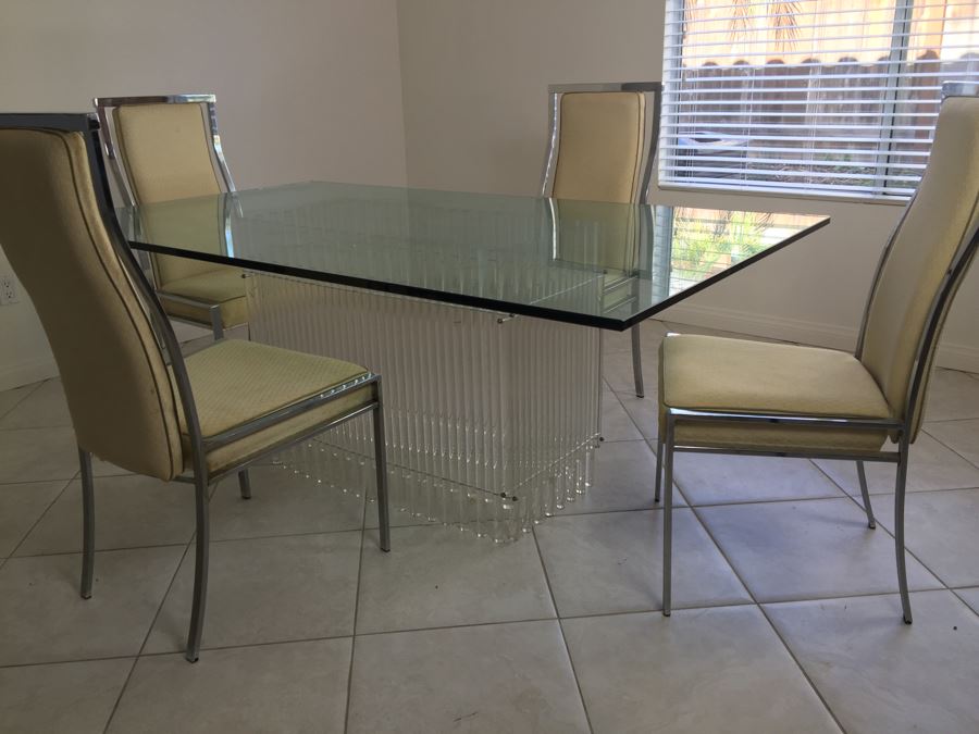 Modernist Dining Table With Lucite Base And Four Chrome Chairs Glass Top [Photo 8]