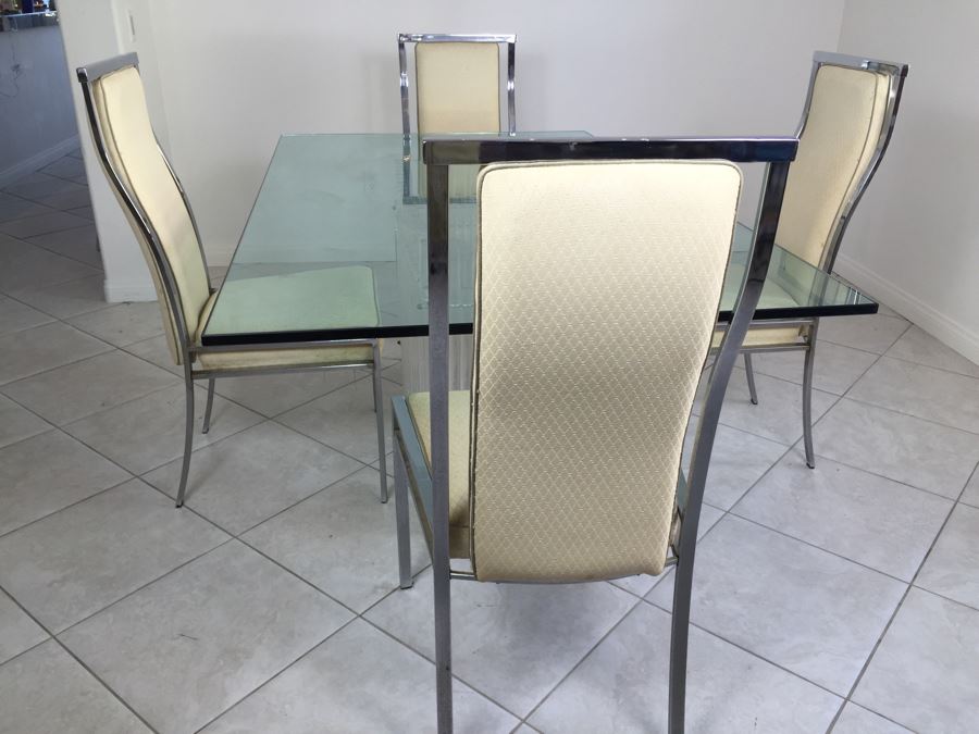 Modernist Dining Table With Lucite Base And Four Chrome Chairs Glass Top [Photo 4]