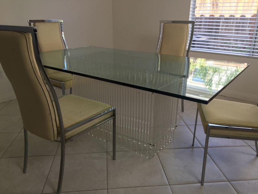 Modernist Dining Table With Lucite Base And Four Chrome Chairs Glass Top [Photo 12]