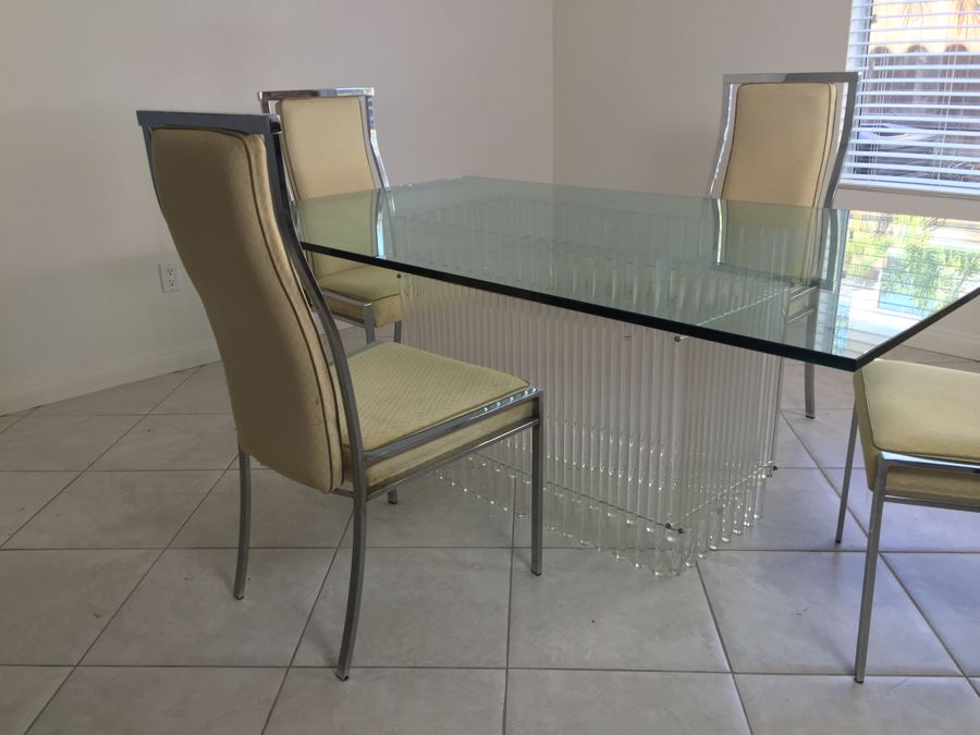 Modernist Dining Table With Lucite Base And Four Chrome Chairs Glass Top [Photo 10]