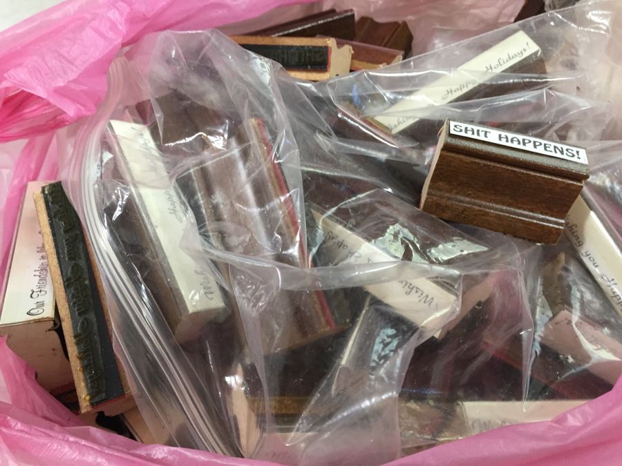 Huge Bag Filled With Various Rubber Stamps With Sayings (~100 Rubber Stamps) [Photo 4]