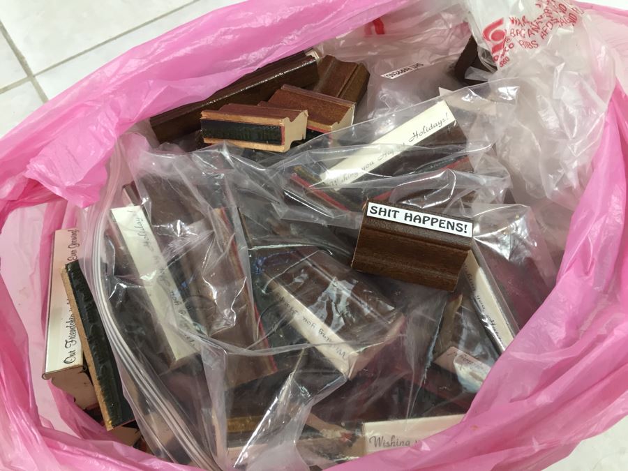 Huge Bag Filled With Various Rubber Stamps With Sayings (~100 Rubber Stamps)