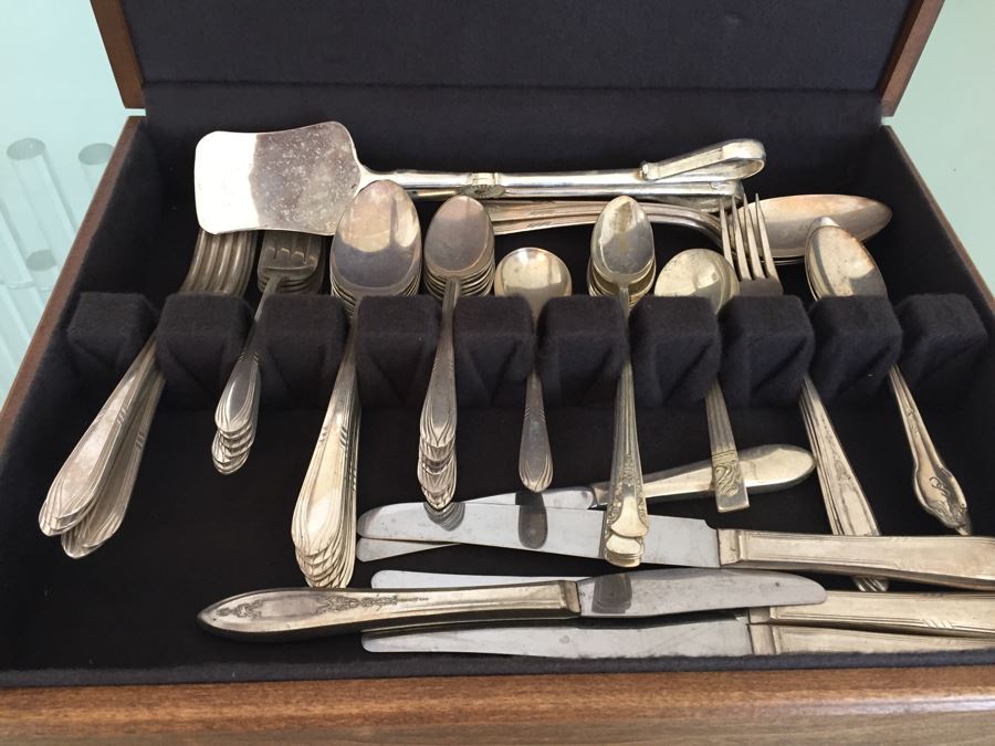 Silverware Box With Drawer - Top Drawer Is WM Rogers International Silver And Bottom Drawer Is Various Silverplate Flatware [Photo 2]
