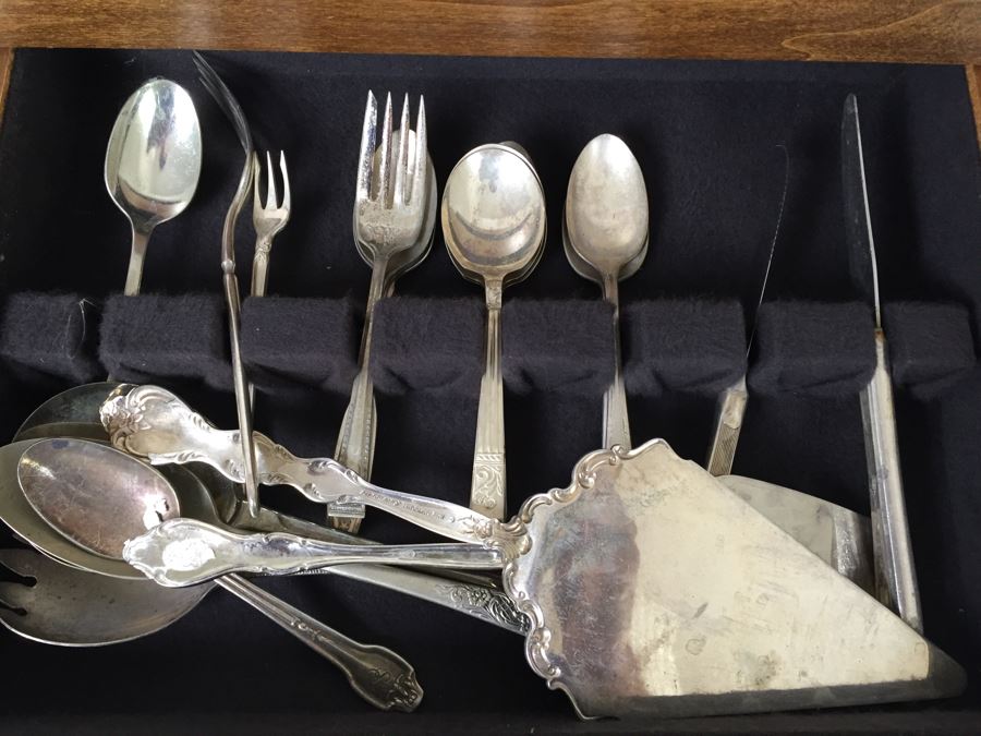 Silverware Box With Drawer - Top Drawer Is WM Rogers International Silver And Bottom Drawer Is Various Silverplate Flatware [Photo 11]