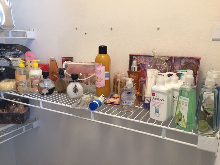 Closet Filled With Spa Related Gift Baskets For Women, New Soaps, Bath Salts, Lotions, Perfume, Hamper And More [Photo 2]