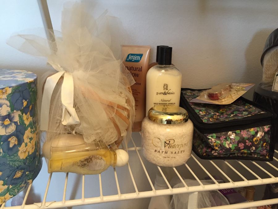 Closet Filled With Spa Related Gift Baskets For Women, New Soaps, Bath Salts, Lotions, Perfume, Hamper And More [Photo 17]