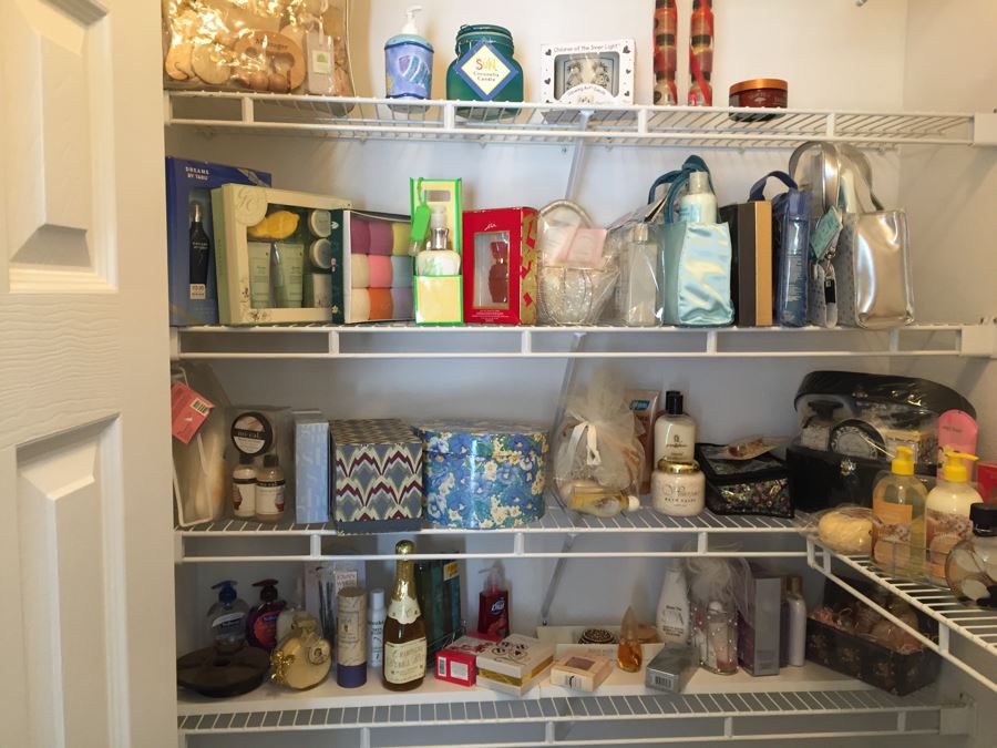 Closet Filled With Spa Related Gift Baskets For Women, New Soaps, Bath Salts, Lotions, Perfume, Hamper And More [Photo 1]