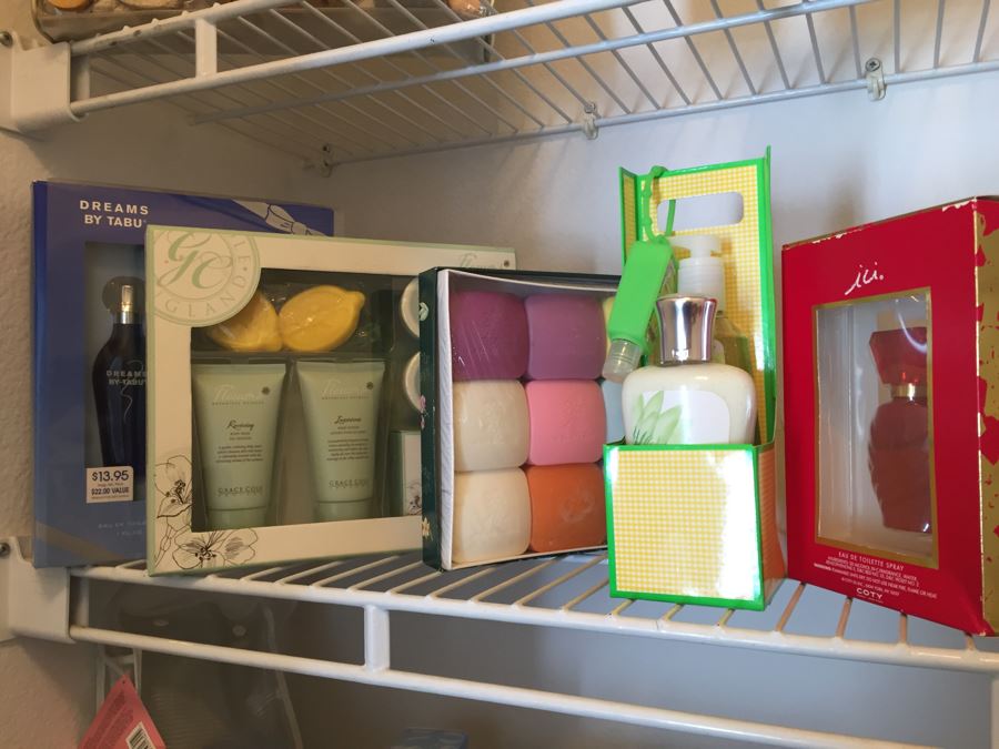 Closet Filled With Spa Related Gift Baskets For Women, New Soaps, Bath Salts, Lotions, Perfume, Hamper And More [Photo 12]