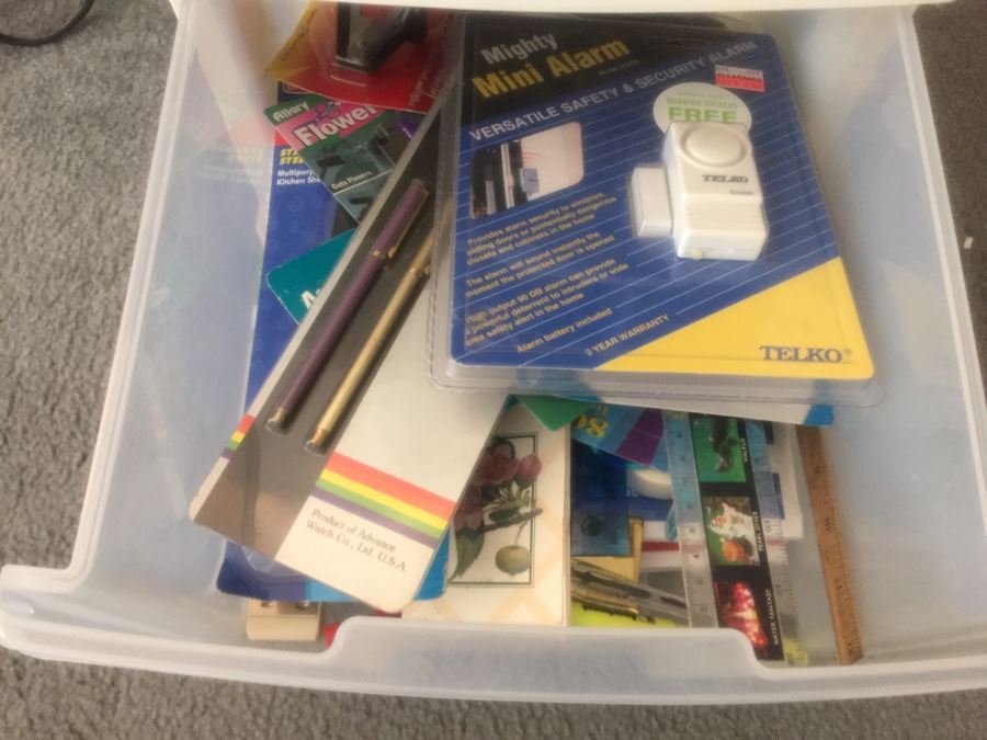 Rolling Plastic Storage Bin Filled With Office Supplies Including Pens [Photo 10]