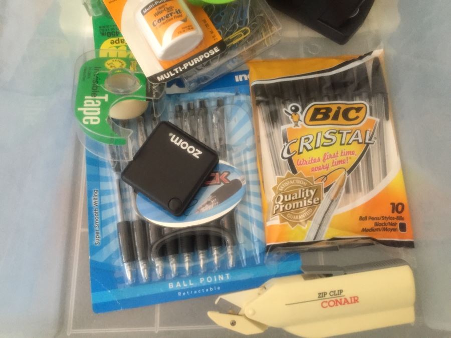 Rolling Plastic Storage Bin Filled With Office Supplies Including Pens [Photo 8]