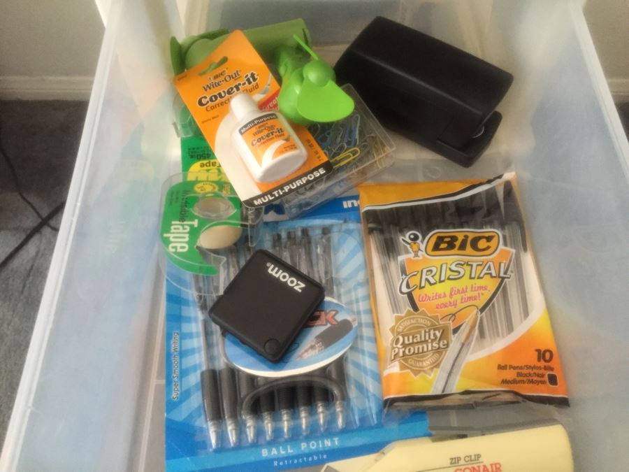 Rolling Plastic Storage Bin Filled With Office Supplies Including Pens [Photo 7]