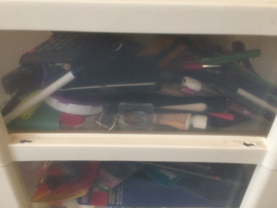 Rolling Plastic Storage Bin Filled With Office Supplies Including Pens [Photo 15]