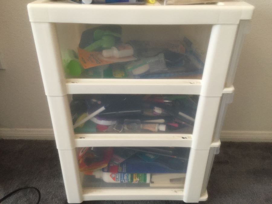 Rolling Plastic Storage Bin Filled With Office Supplies Including Pens [Photo 13]