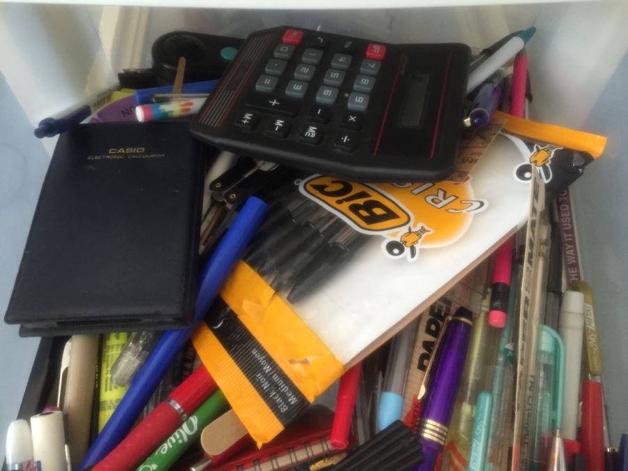 Rolling Plastic Storage Bin Filled With Office Supplies Including Pens [Photo 9]