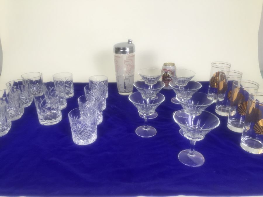 Crystal And Glass Barware Lot With Drink Shaker