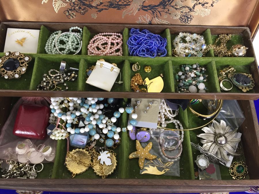 Vintage Tabletop Jewelry Box With 2-Drawers Filled With Costume Jewelry